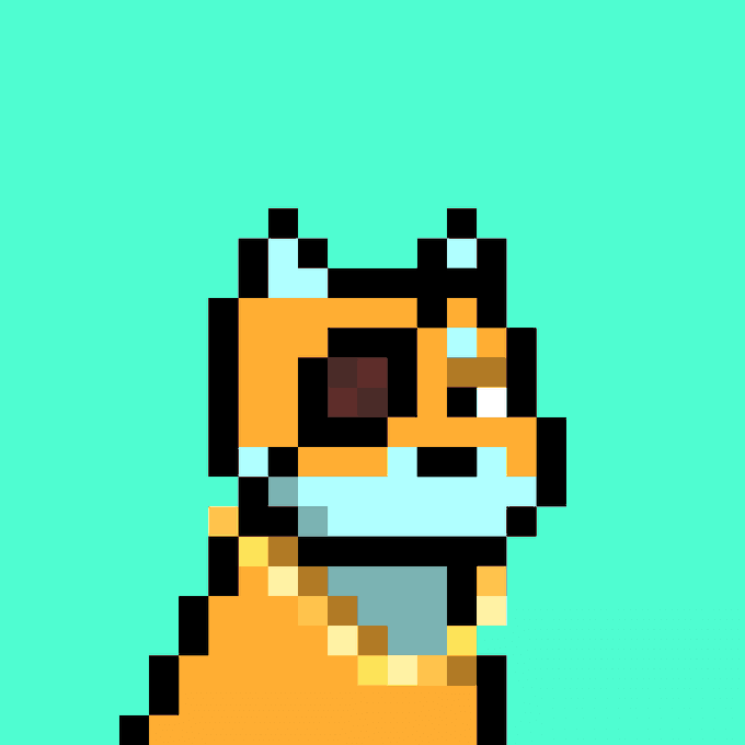 A pixel art illustration of an orange and black tiger-like character with blue accents against a teal background.