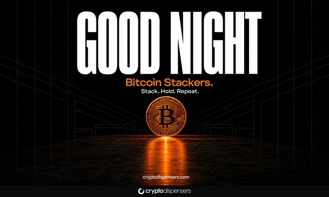 A dark, atmospheric graphic featuring a glowing Bitcoin coin on a reflective floor with the bold text "GOOD NIGHT" and "Bitcoin Stackers. Stack. Hold. Repeat." branded by cryptodispensers.com, reinforcing the post's message of consistent, long-term accumulation despite market volatility.