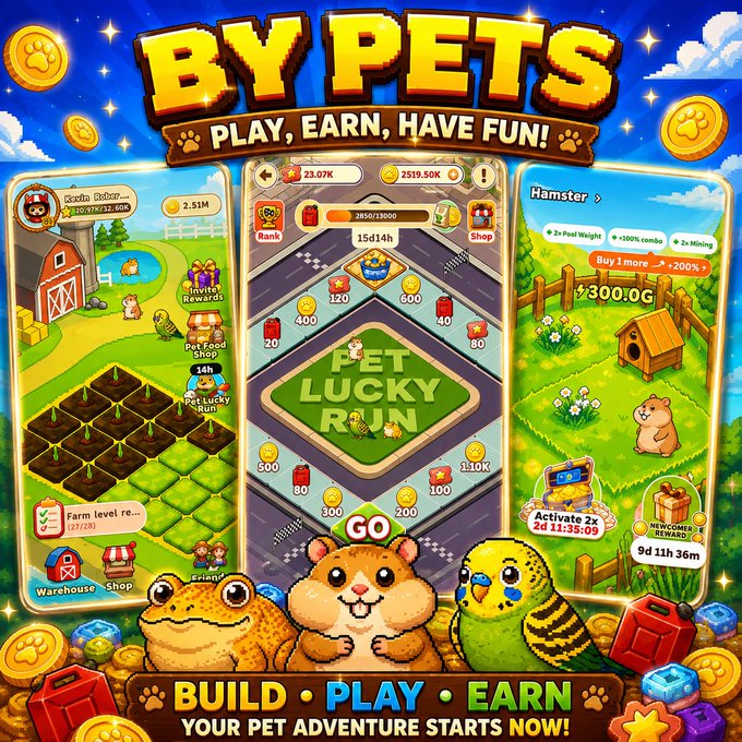 Promotional graphic for the mobile game 'BY PETS' with the tagline 'PLAY, EARN, HAVE FUN!' and 'BUILD • PLAY • EARN', showing gameplay screens of a farm, a pet board game, and hamster raising.