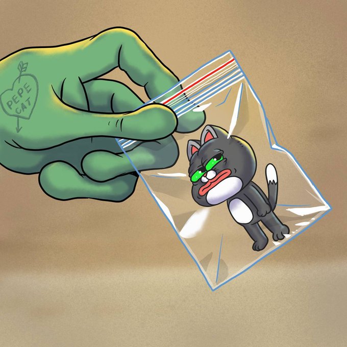 A cartoon illustration of a large green hand bearing a "Pepe Cat" tattoo, holding a clear plastic ziplock bag containing a small, unimpressed black and white cat with green sunglasses.