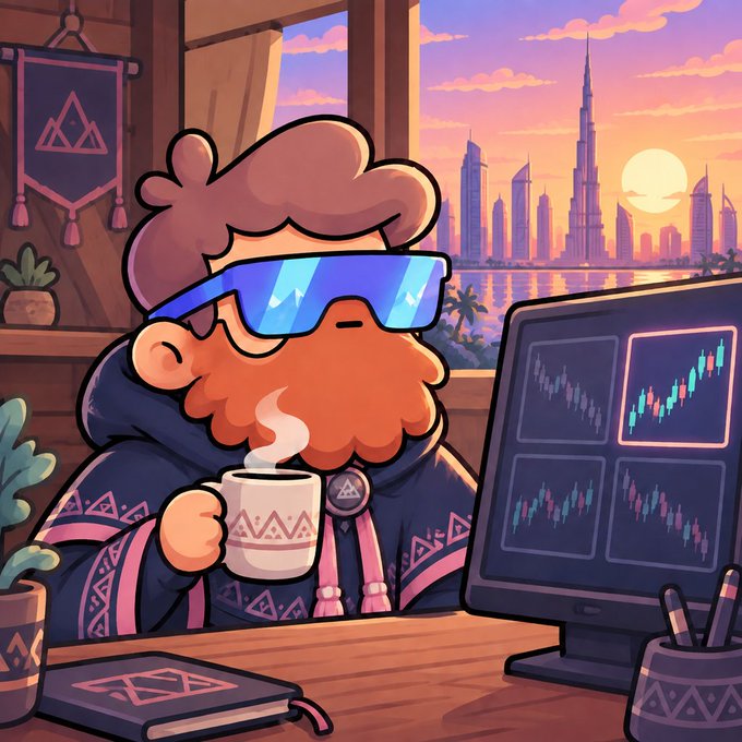 A cartoon-style illustration shows a bearded character with blue visor glasses drinking coffee at a desk with stock trading charts, with a city skyline at sunset in the background.