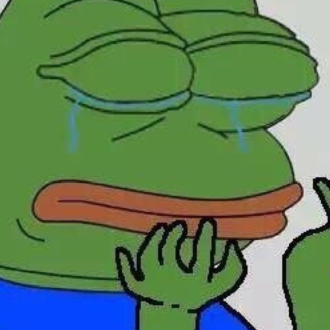 The image shows the crying Pepe the Frog meme, with tears streaming down his closed eyes as he holds his hand to his mouth in distress. The meme humorously reflects the post's hopeful prayer for Pepe (likely the cryptocurrency) to recover from its crash.