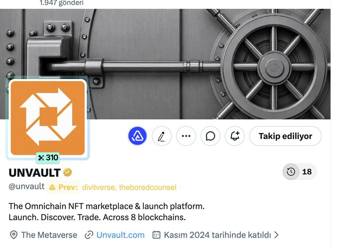 A screenshot of the UNVAULT Twitter/X profile showing an orange vault icon, banner with a vault wheel, and bio text reading 'The Omnichain NFT marketplace & launch platform. Launch. Discover. Trade. Across 8 blockchains.'
