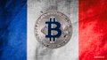 A pixelated flag with blue, white, and red vertical stripes features a central circular emblem containing the Bitcoin "₿" symbol, likely representing a country's hypothetical adoption of Bitcoin as a national currency or symbol. The image thematically ties to the post's discussion about Bitcoin's future amid emerging quantum computing threats to its encryption.