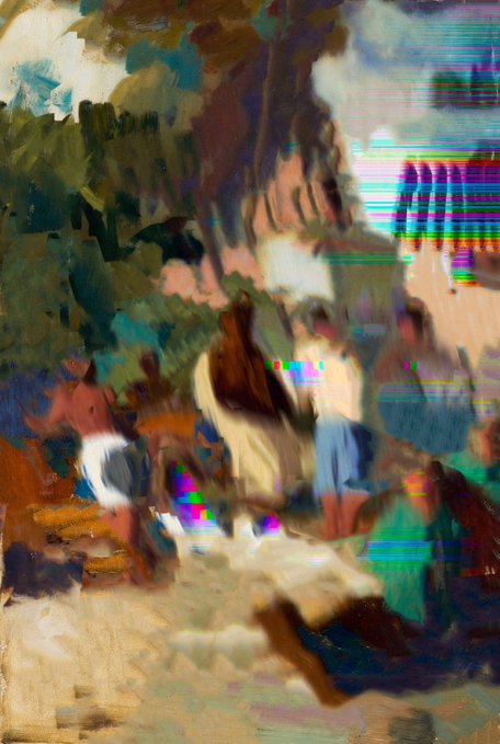 This appears to be a glitchy, glitch-art style digital artwork from the "Oasis Gathering" NFT collection titled "Death of Beauty on Transient," depicting an abstract, painterly landscape with chromatic distortion and pixelated visual artifacts that align with the post's references to the transient, fragmented nature of the piece.