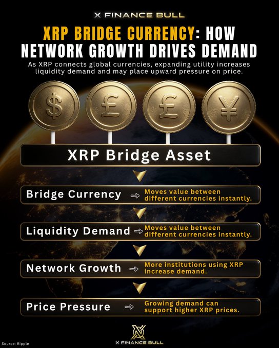 An infographic titled "XRP Bridge Currency: How Network Growth Drives Demand" by X Finance Bull, featuring four gold coins (USD, GBP, EUR, JPY) above a flowchart explaining how XRP functions as a bridge asset, generating liquidity demand through network growth and creating price pressure. The visual reinforces the post's thesis that Ripple's decade-long buildup of licenses, bank partners, and payment corridors strategically fuels constant XRP demand by connecting global currency pairs.