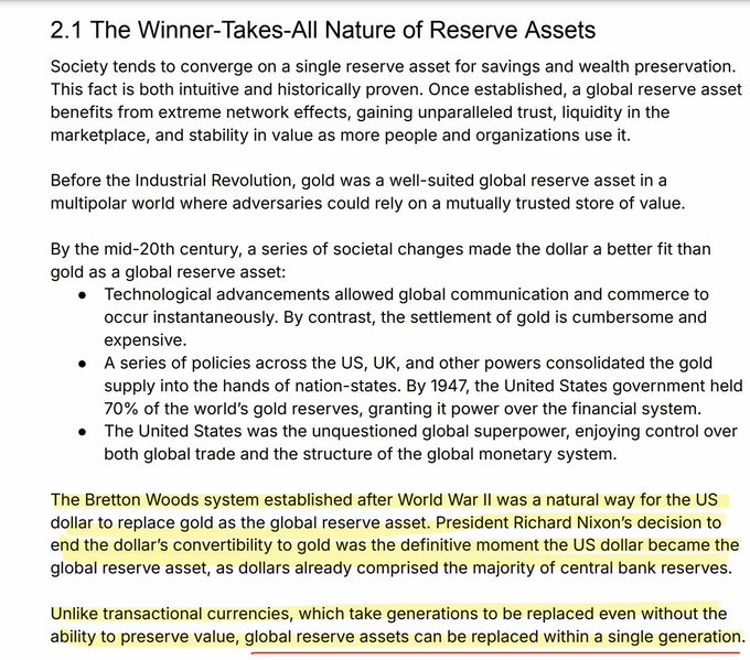 This document discusses how global reserve assets like the US dollar, particularly after President Richard Nixon's decision in 1971, can be replaced within a single generation, unlike transactional currencies.