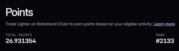 A dark screen displays 'Points' for 'Trade Lighter on Robinhood Chain to earn points based on your eligible activity,' showing a 'TOTAL POINTS' of '26.931354' and a 'RANK' of '#2133'.