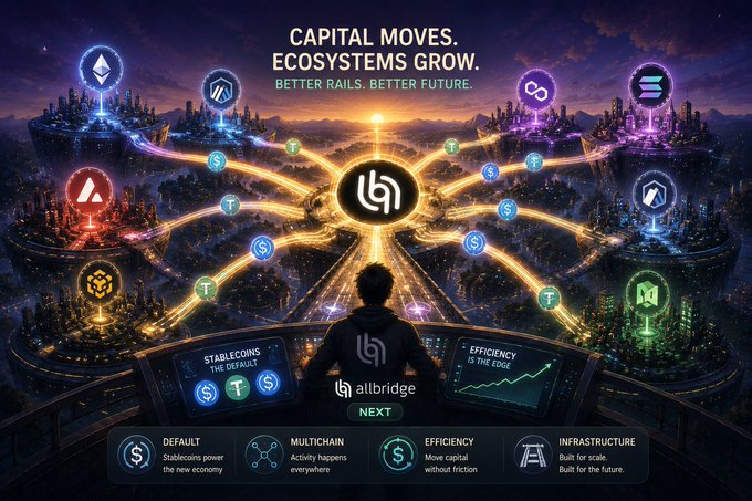 A promotional graphic for Allbridge titled 'CAPITAL MOVES. ECOSYSTEMS GROW. BETTER RAILS. BETTER FUTURE.' shows a central hub connecting to various blockchain networks, with options at the bottom for DEFAULT, MULTICHAIN, EFFICIENCY, and INFRASTRUCTURE strategies.