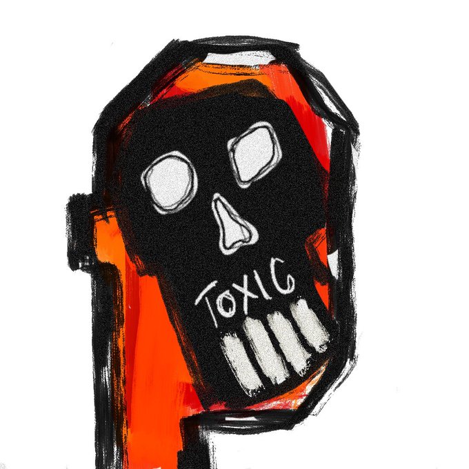 A stylized digital illustration shows a black and orange object resembling a grenade or container with a skull face design, featuring the word 'TOXIC' above exposed teeth on a white background.