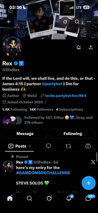 A Twitter profile for 'Rex' (@iFwRex) with the bio containing James 4:15, tagged as 'Author Web3', and a pinned post referencing '#GAMDOM50KCHALLENGE' and 'STEVE SOLOS'.