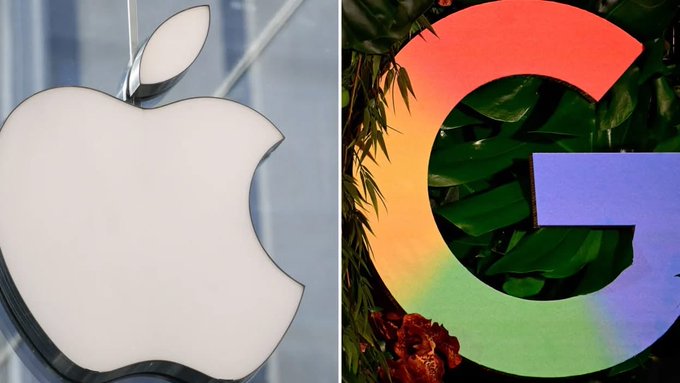 A side-by-side composite image shows the Apple logo on the left and the colorful Google 'G' logo set against green foliage on the right.