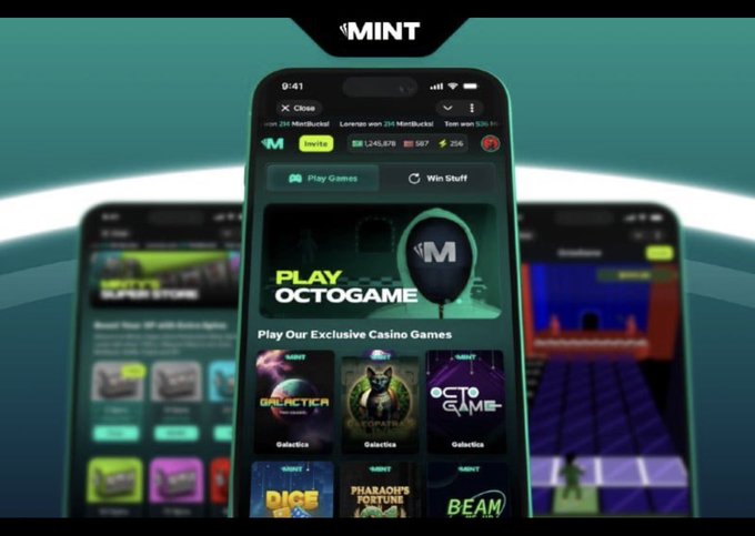A mobile app interface called 'MINT' showing various crypto-themed casino games including 'Galactic Lounge', 'Octo Game', and 'Pharaoh's Fortune'.