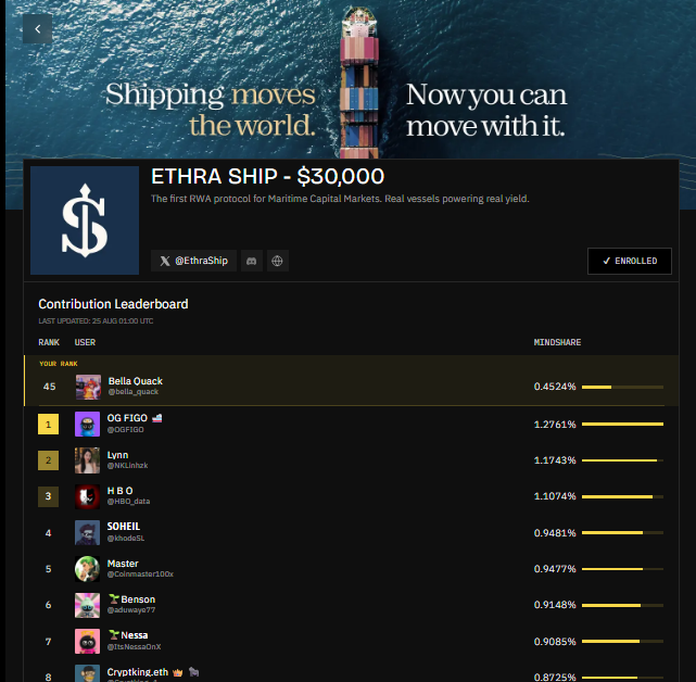 A webpage for 'ETHRA SHIP - $30,000,' the first RWA protocol for Maritime Capital Markets, featuring a ship image and a 'Contribution Leaderboard' with users like OG FIGO (1.2761%), Lynn (1.1743%), and HBG (1.1074%).