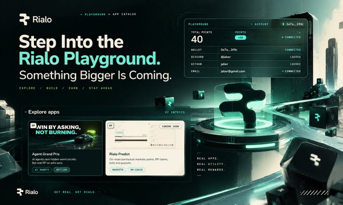 A sleek teal-and-black promotional website for "Rialo Playground" with the headline "Step Into the Rialo Playground. Something Bigger Is Coming." and tagline "EXPLORE / BUILD / EARN / STAY AHEAD", showing an account dashboard with 40 total points and featured apps "Win By Asking Not Burning" and "Rialo Predict".