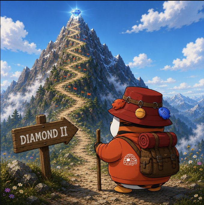 A whimsical illustration of a penguin-like character in red mountaineering gear with backpack and walking stick, looking up at a mountain path leading to a glowing blue diamond at the peak, with a 'DIAMOND II' wooden sign pointing the way.