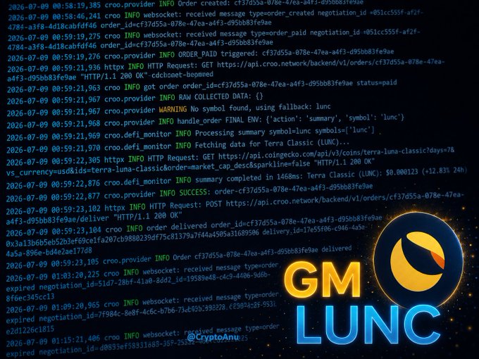 The image shows a backend log feed displaying automated AI trading activity for Terra Classic (LUNC), including order creation, HTTP requests, and delivery confirmations via the Croo provider, overlaid with a glowing "GM LUNC" graphic featuring a crescent moon logo.

The logs visually reinforce the post's "Shipping > Talking" message by showcasing live execution of LUNC crypto trades through an AI-powered backend system.