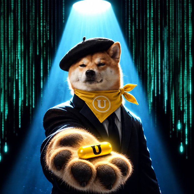 A stylized digital illustration of a Shiba Inu dog dressed in a black beret and suit with a yellow 'U' bandana, holding out a glowing yellow pill marked with a 'U' against a backdrop of green digital code.
