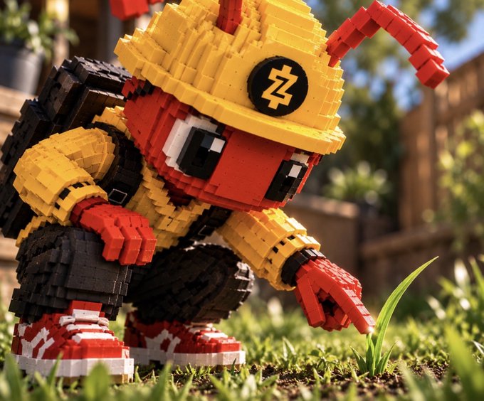 A LEGO-style figure resembling Pikachu wearing a yellow construction hat with a "Z" symbol, a red antenna, and a backpack, crouched in grass and reaching toward a small green sprout.