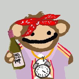A crudely drawn cartoon character resembling a frog or monkey wearing a red bandana, holding a wine bottle, and wearing a large stopwatch around its neck.