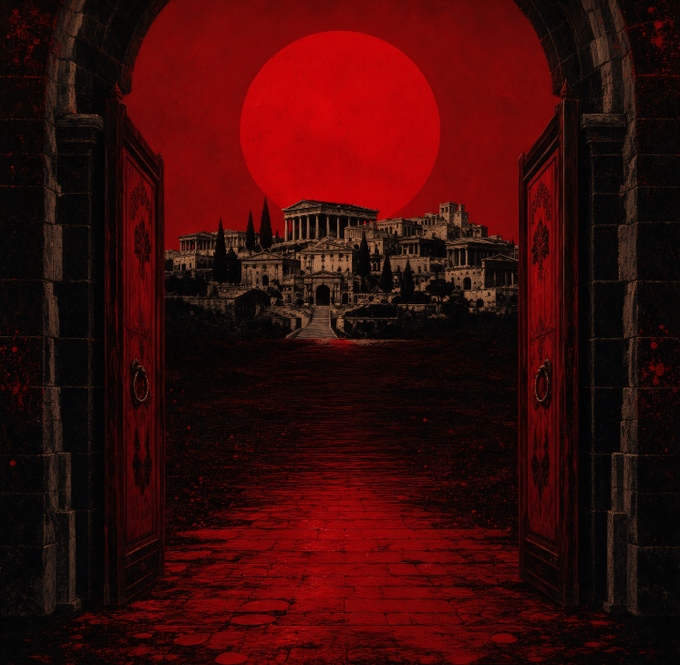 A dark, gothic digital artwork depicting an ancient city with classical temples viewed through an open stone archway with heavy wooden doors, all bathed in deep red light under a large red moon.