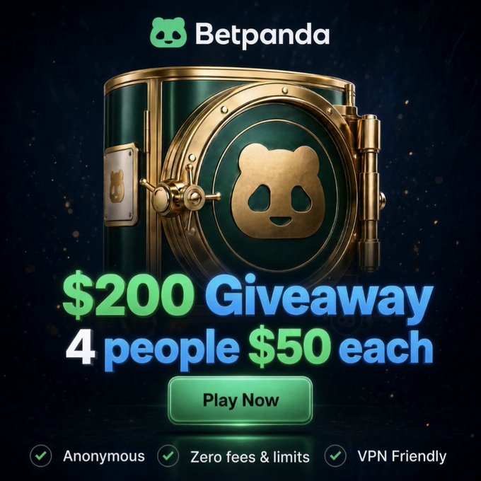 The image is a promotional advertisement for BetPanda featuring a green and gold vault with the BetPanda panda logo, announcing a "$200 Giveaway - 4 people $50 each" with a "Play Now" button, highlighting features like anonymous access, zero fees & limits, and VPN friendliness. The ad visually supports the accompanying post's giveaway announcement, encouraging users to follow and engage for a chance to win one of the four $50 prizes or the additional $50 Kick bonus.