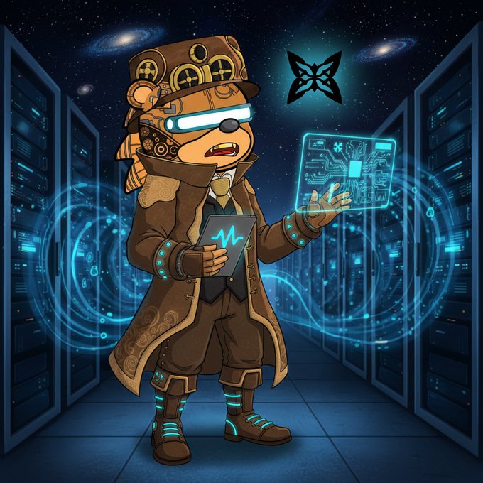 A steampunk-styled anthropomorphic bear character wearing a top hat and futuristic VR goggles stands in a server room, holding a holographic circuit board and a tablet displaying a waveform.