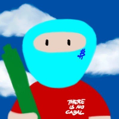 A cartoon character in a turquoise mask and red shirt holds a green object against a blue sky, with the text 'THERE IS NO CABAL' and a dollar sign crossed out on its face.