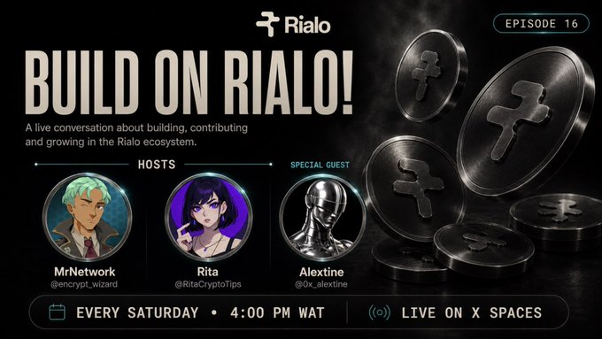 A promotional graphic for Episode 16 of "Build on Rialo!" featuring hosts Mr.Network (@encrypt_wizard) and Rita (@RitaCryptoTips) with special guest Alexine (@0x_alextine), airing every Saturday at 4:00 PM WAT live on X Spaces. The image supports the post's announcement of a live discussion about the Rialo ecosystem, including the builder hub that attracted over 500 participants, the launch of Rialo points, and retroactive rewards distribution.