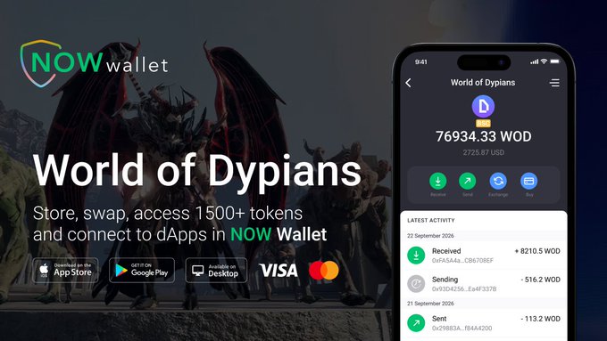 A promotional advertisement for NOW Wallet featuring 'World of Dypians' gaming, showing a phone screen with 76934.33 WOD tokens and app download options.