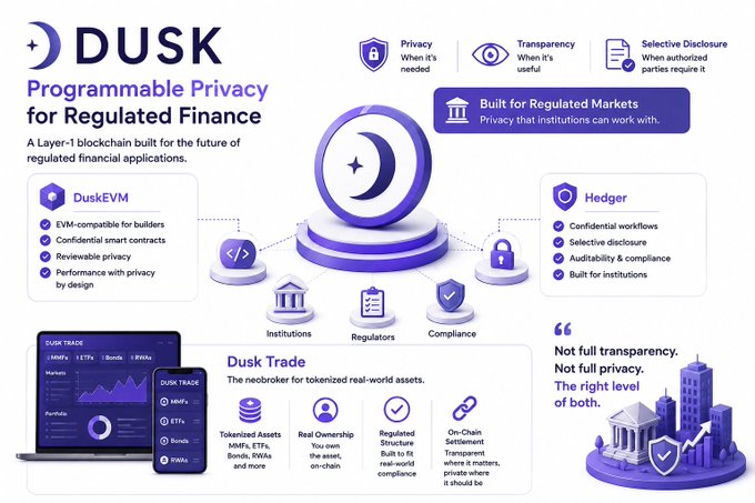 A promotional graphic for 'DUSK - Programmable Privacy for Regulated Finance,' a Layer-1 blockchain featuring DuskEVM, Hedger, and Dusk Trade, emphasizing features like privacy, transparency, selective disclosure, and auditable compliance for institutions.