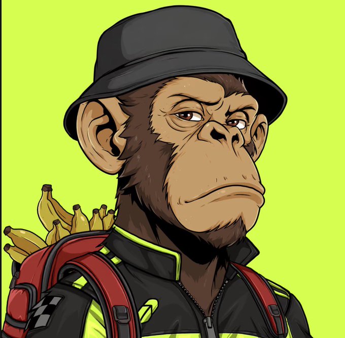 Cartoon illustration of a serious-looking chimpanzee wearing a black bucket hat and a red backpack filled with bananas, dressed in a neon yellow and black jacket.