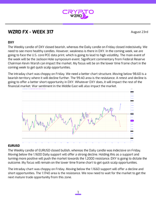 A crypto market analysis newsletter titled 'CRYPTO WZRD FX - WEEK 317' dated August 23rd, featuring commentary and charts for DXY and EURUSD.