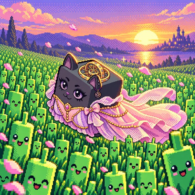 A pixel art illustration of a cute black cat character wearing a pink princess dress and gold jewelry, sitting in a field of smiling green creatures at sunset.