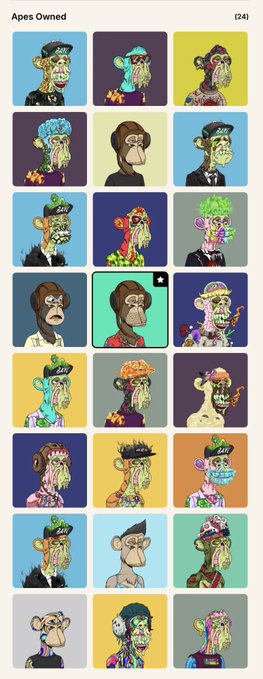 A grid of 24 colorful, stylized digital ape illustrations titled 'Apes Owned' with various accessories and backgrounds.