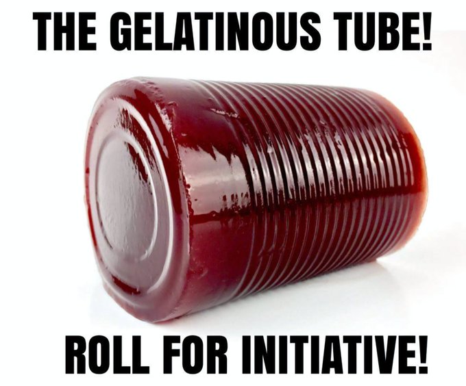 A cylindrical, ribbed, dark red gelatinous substance lies on its side, accompanied by the text 'THE GELATINOUS TUBE!' and 'ROLL FOR INITIATIVE!'