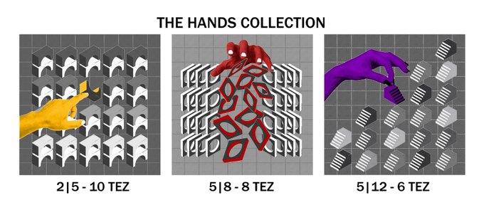 An image titled 'THE HANDS COLLECTION' displays three NFT-style artworks featuring stylized hands (yellow, red, and purple) interacting with geometric patterns, with editions of 2/5 (10 TEZ), 5/8 (8 TEZ), and 5/12 (6 TEZ) priced in TEZ.