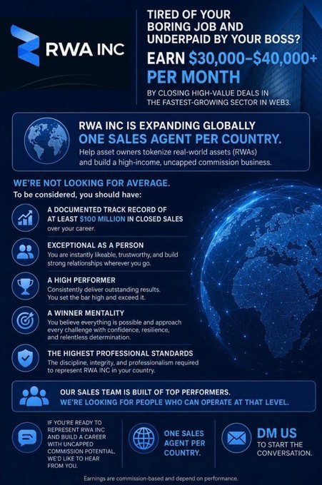 A recruitment advertisement for 'RWA INC' seeks one sales agent per country to sell tokenized real-world assets, offering $30,000-$40,000+ per month in commission and listing requirements including a documented track record of at least $100 million in closed sales.