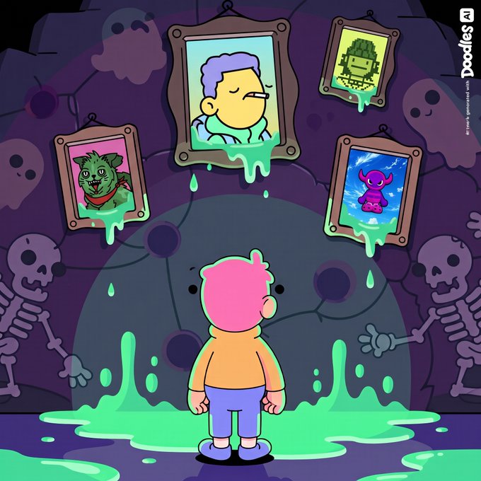 A colorful cartoon scene featuring a pink-haired character looking at three dripping framed portraits on a cave wall, with skeletons in the background and a 'Doodles' logo in the corner.