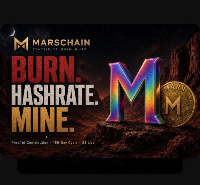 A promotional graphic for 'MARSCHAIN' with the tagline 'CONTRIBUTE. BURN. BUILD.' and 'BURN. HASHRATE. MINE.' featuring a large holographic 'M' and a Mars-branded coin against a Martian landscape.