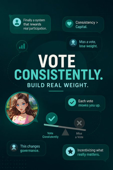 A promotional graphic titled 'VOTE CONSISTENTLY. BUILD REAL WEIGHT.' featuring speech bubbles with phrases like 'Consistency > Capital', 'Miss a vote, lose weight', and 'Incentivizing what really matters', alongside an illustration of a girl and a balance scale.