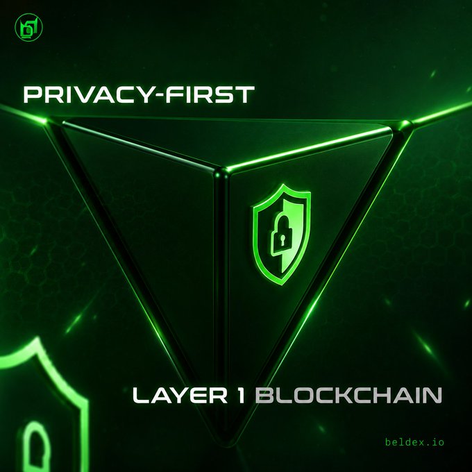 A green-themed digital graphic promotes 'PRIVACY-FIRST LAYER 1 BLOCKCHAIN' with a triangular shield and padlock icon, branded 'beldex.io'.