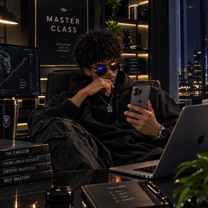 A young man with curly hair, wearing sunglasses and a black hoodie, sits in a modern luxury office at night, intensely looking at his iPhone while a MacBook and a monitor displaying crypto charts rest nearby. Books titled "The 5 AM Club," "Think Like A Founder," "Crypto Investing," and "Self Mastery," along with a "Master Class" poster and a notebook listing "Big Plans: Build, Create, Trade, Freedom," frame the scene—capturing a focused entrepreneur winding down his day, fittingly signing off with "Good night frens."