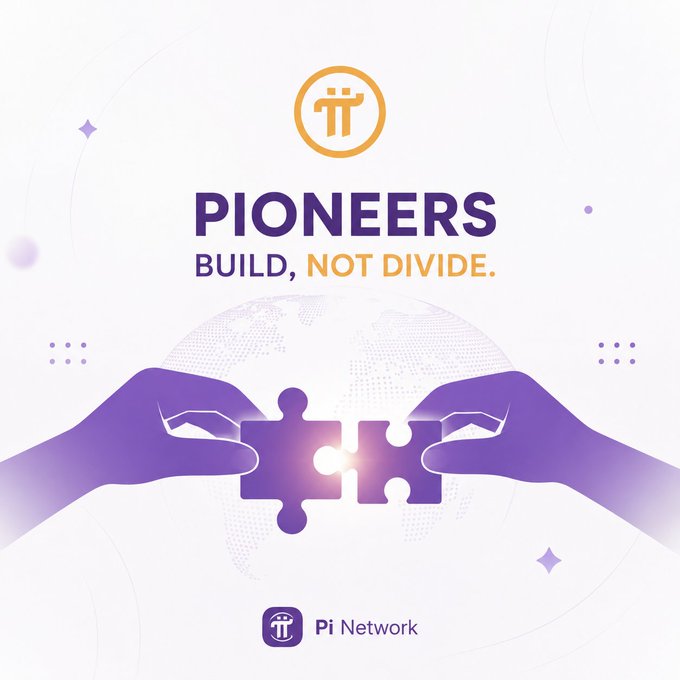 A promotional graphic for Pi Network featuring two hands bringing two puzzle pieces together, with the text 'PIONEERS BUILD, NOT DIVIDE.'