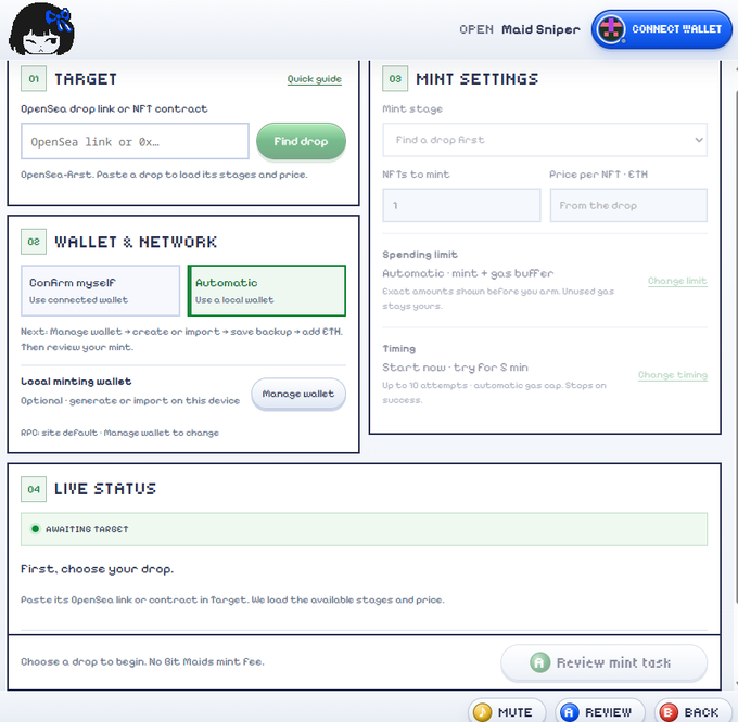 A web interface titled 'OPEN Maid Sniper' displays settings for an automated NFT minting tool, including sections for 'TARGET,' 'WALLET & NETWORK,' 'MINT SETTINGS,' and 'LIVE STATUS.'