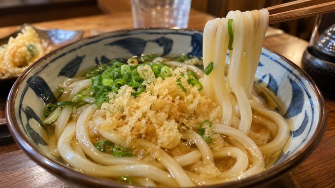 A close-up of a bowl of Japanese udon noodles topped with tempura crumbs and chopped green onions, being lifted with chopsticks.