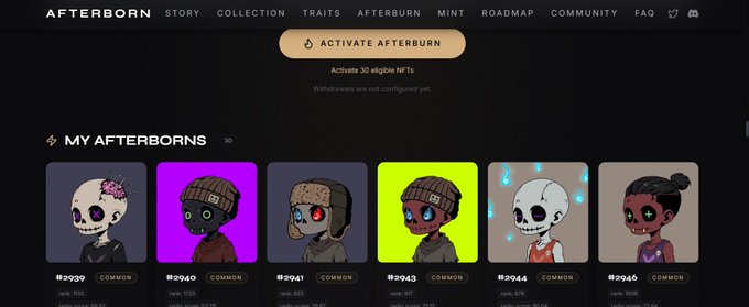 A screenshot of the AFTERBORN website showing a gallery of six 'MY AFTERBORNS' character NFTs (numbered #2939, #2940, #2941, #2943, #2944, #2946), all labeled 'COMMON', with navigation tabs including STORY, COLLECTION, TRAITS, and MINT.
