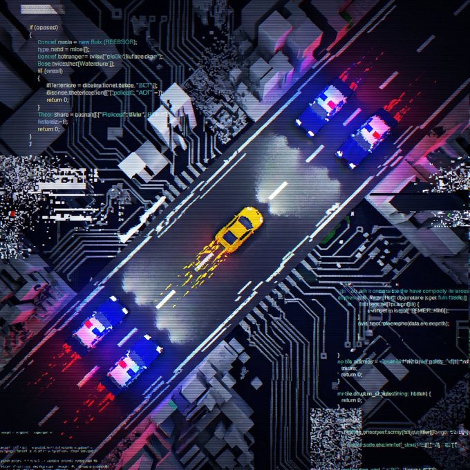 A cyberpunk digital artwork featuring a yellow sports car on a road, overlaid with computer code and circuit board imagery in pink and blue neon tones.