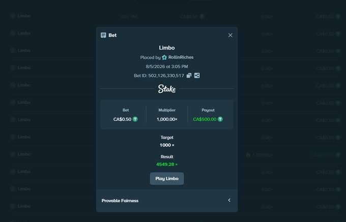 A screenshot of a Stake.com Limbo betting interface showing a CA$0.50 bet placed by "RollinRiches" with a 1,000.00× multiplier, 1,000× target, and a CA$500.00 payout potential. The image directly ties to the post about tired players publicly sharing their Stake usernames for tips, as it displays a recent wager that could be used to identify and tip a specific user.