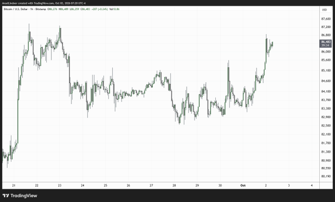 A TradingView candlestick chart for Asset:Indexer created with TradingView.com on Oct 02, 2026 at 20:20 UTC-4, displaying a Bitcoin/USD (Coinbase) price movement with values ranging around $81,150–$87,600 over late September to early October.